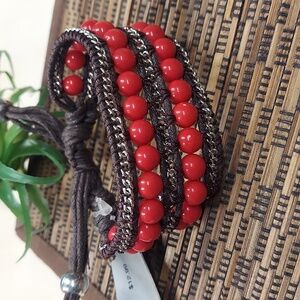 B058 Boho Red & Brown Wide Braided Beaded Adjustable Bracelet